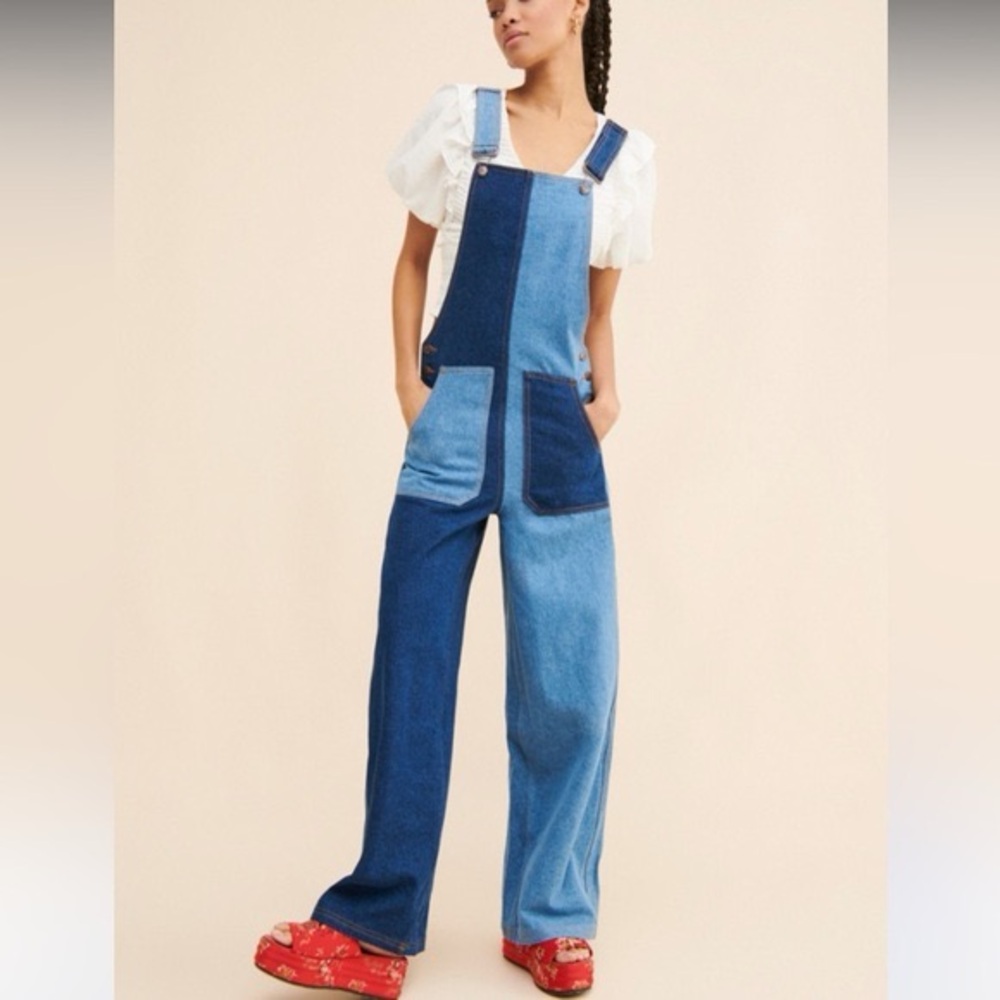 FARM Rio Two-Tone Blue Patchwork Wide-Leg Overalls